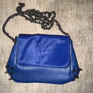 Blue Leather Chain Crossbody Bag with pony hair and Stud Accents